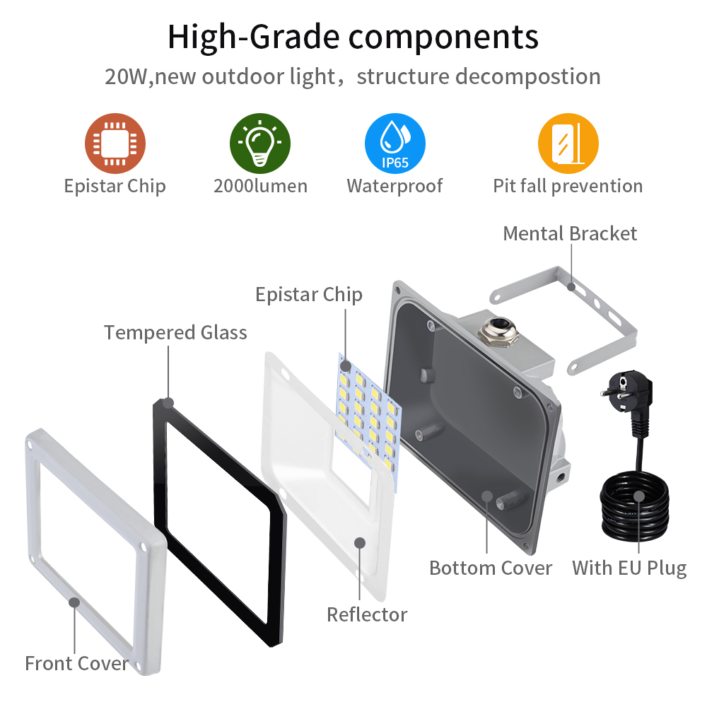 220V 10W/30W/50W/100W LED Flood Light SMD 2835 Outdoor Floodlights Lamp EU plug Cold White/Warm White Waterproof IP65 Spotlight