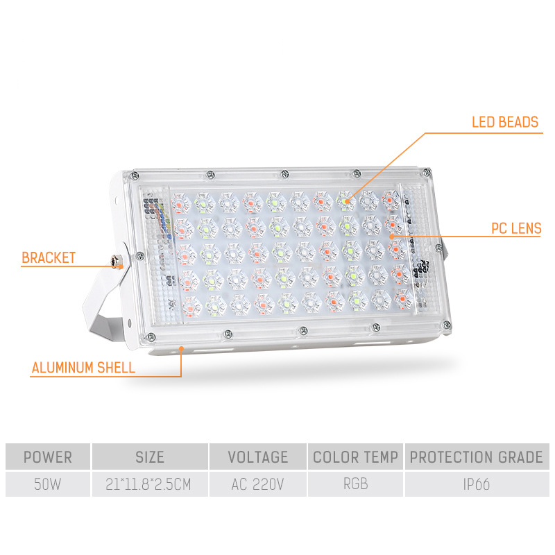 50W LED RGB Flood Light AC220V Outdoor Floodlight IP66 Waterproof Reflector Spotlight with Remote Control Landscape Lighting