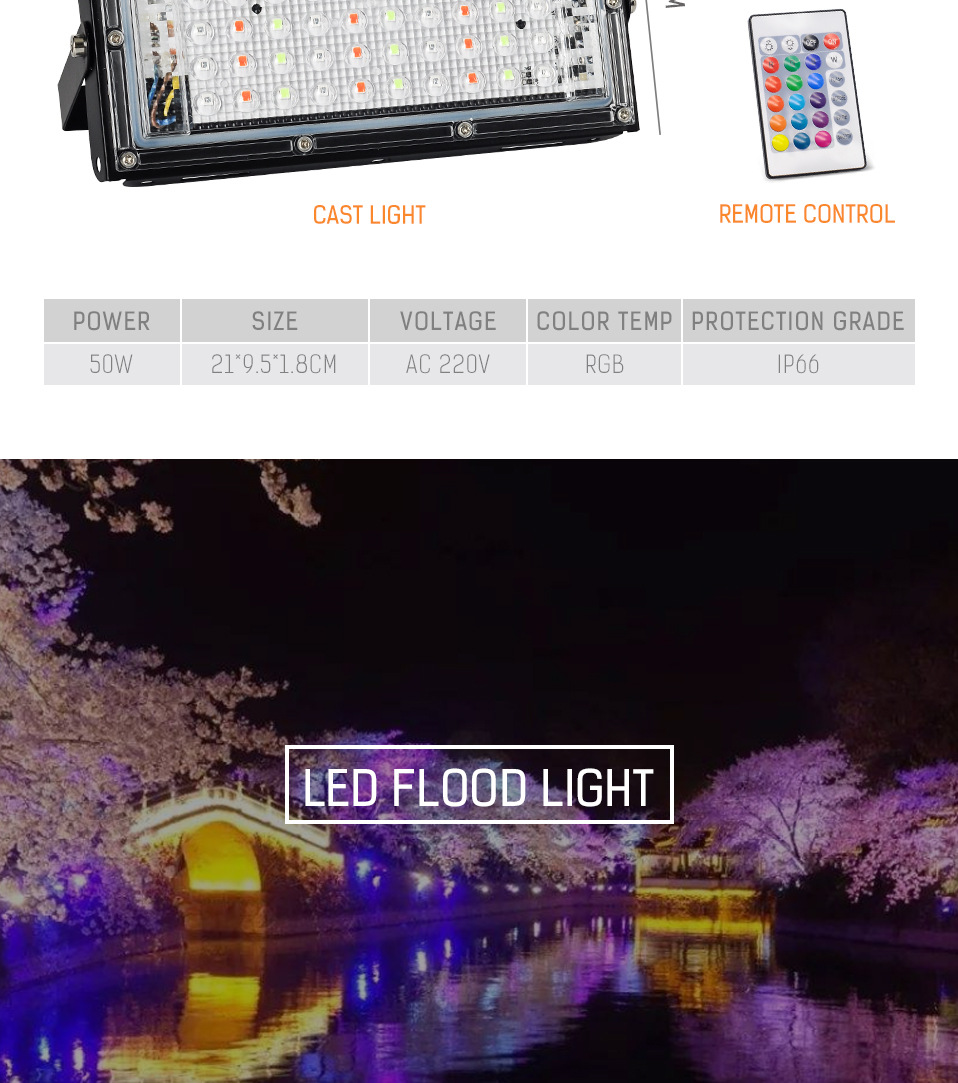 RGB 50W LED Flood Light Remote Control AC220V Outdoor Lighting Spotlight IP66 Waterproof LED Street Lamp Landscape Lighting