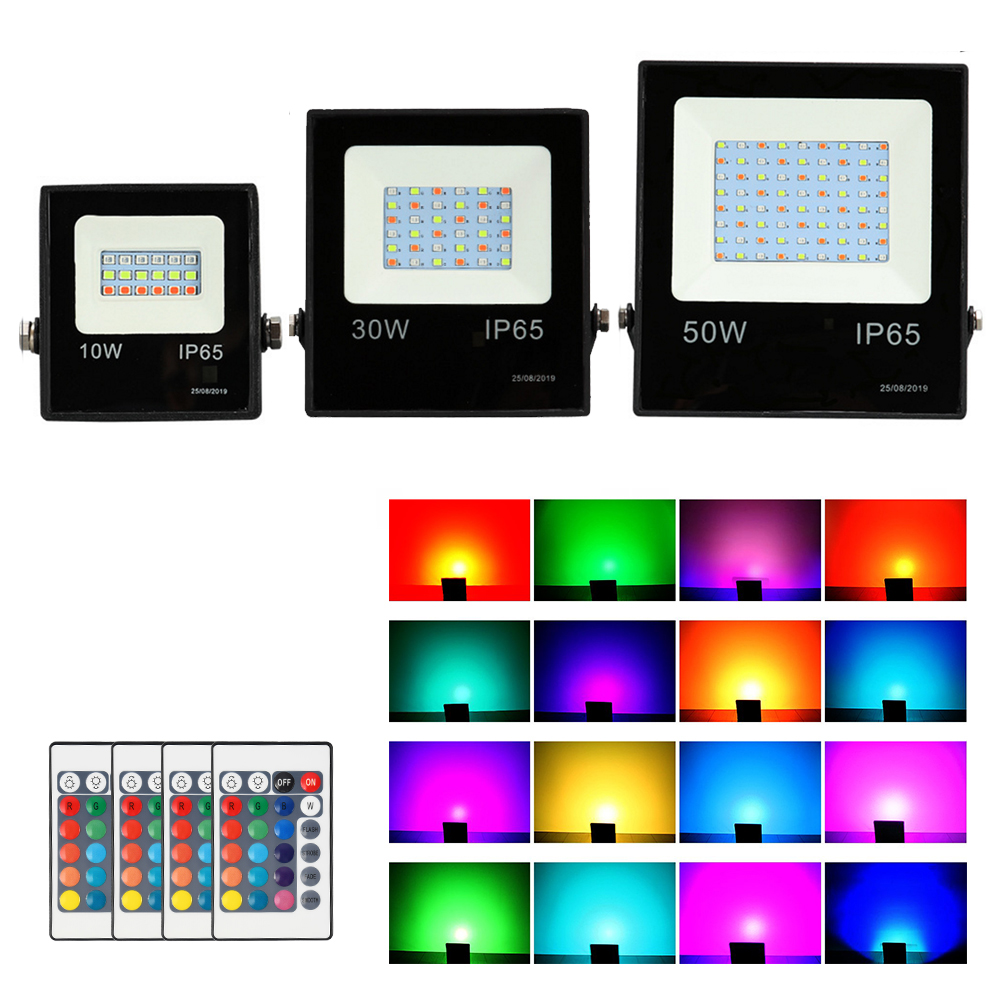 LED Floodlight 10W 30W 50W RGB 16 Colors Led Spotlight with Remote Control Outdoor Waterproof Reflector Garden Light 220V 240V