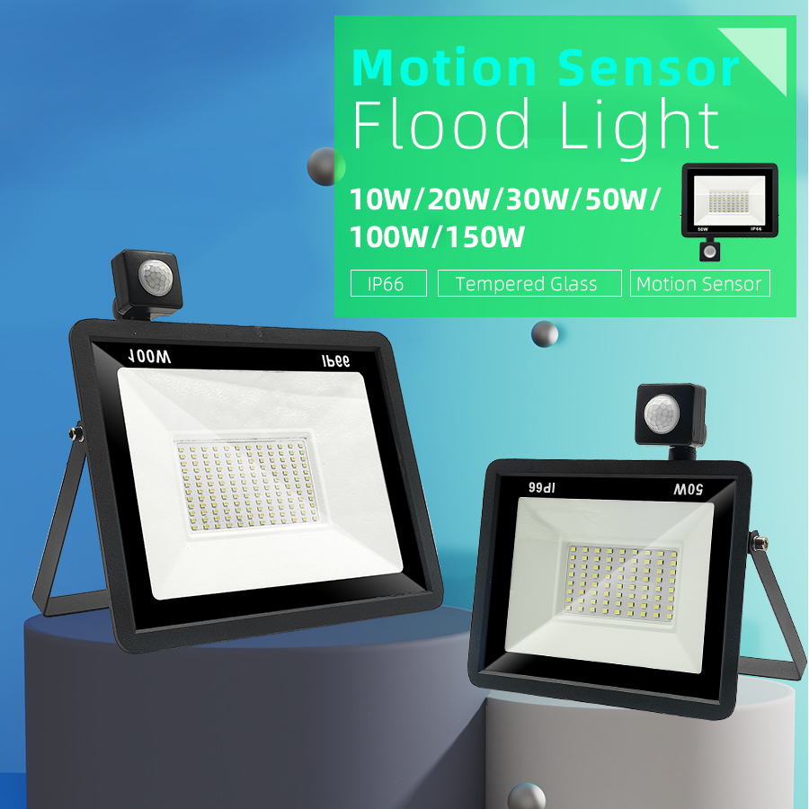 LED Flood Light Motion Sensor Pir Floodlight Lamp 50W 30W Floodlights Outdoor IP66 10W 20W 100W 150W Garden Spotlight Wall