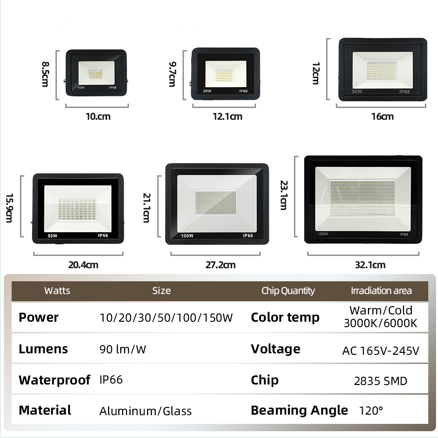 Flood Light Led Lamp Liaght Floodlight150W 100W 50W 30W 20W 10W Floodlights Outdoor IP66 Waterproof Garden Street Wall Lighting