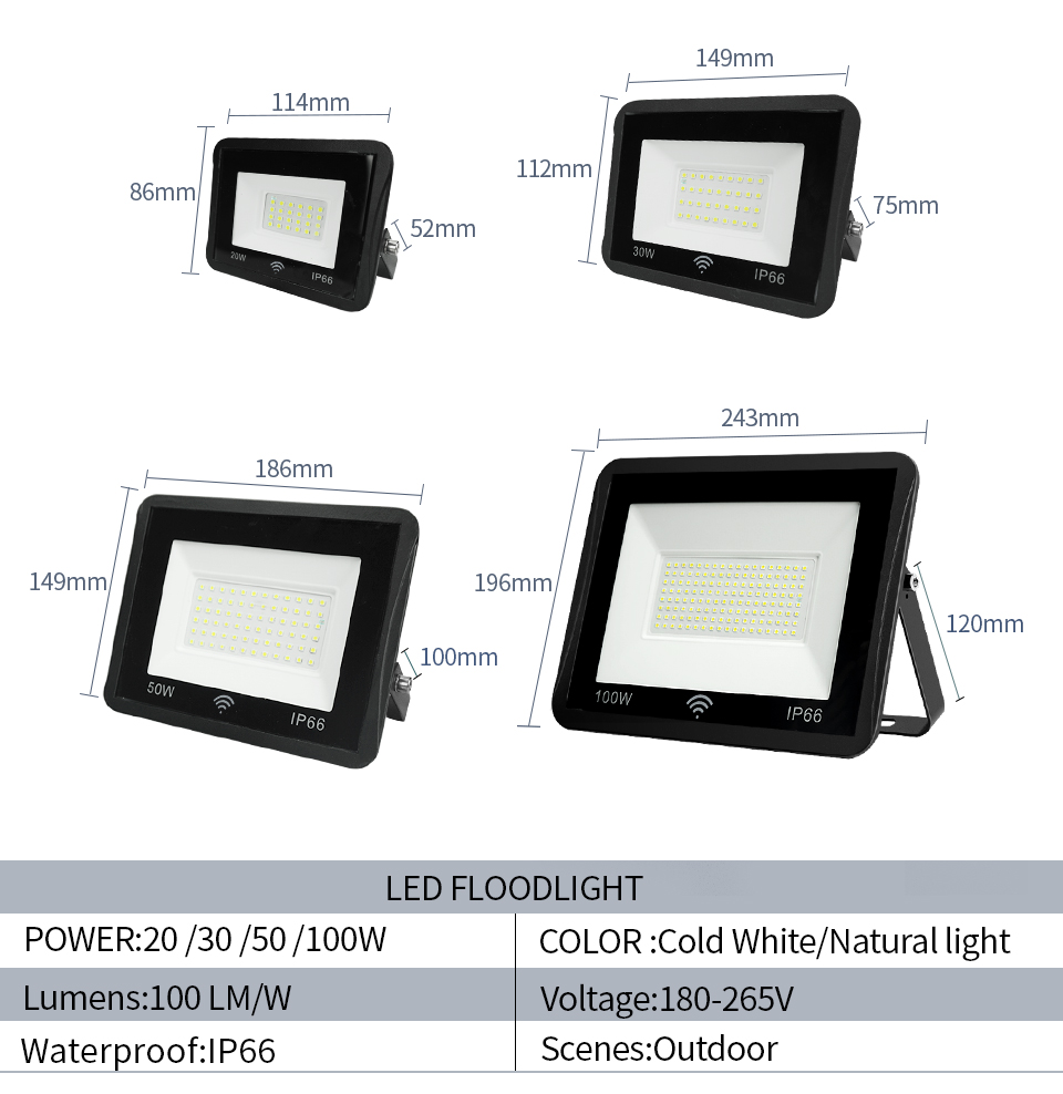 LED Floodlight with Radar Sensor Waterproof Outdoor Lighting 20W/30W/50W/100W Natural Light Wall Lamps in Garden Roof Balcony