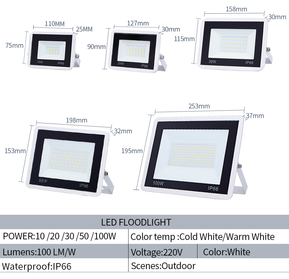 LED Floodlight 220V High Bright LED Spotlight 10W 20W 30W 50W Cold White Outdoor Wall Reflector Lighting Waterproof Garden Lamp