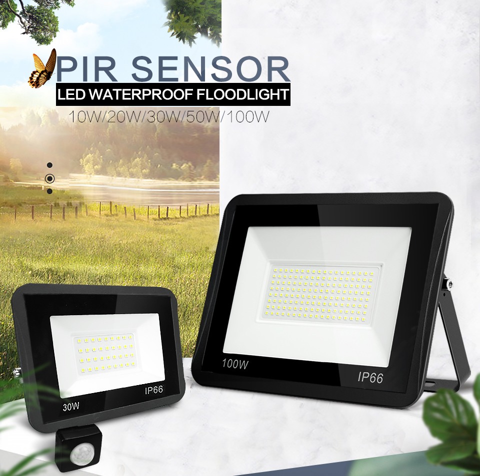 Outdoor PIR Motion Sensor Wall Lamp LED Floodlight Balck 50W 100W 30W 20W 10W IP66 220V Foco LED Hanging Exterior Garden light
