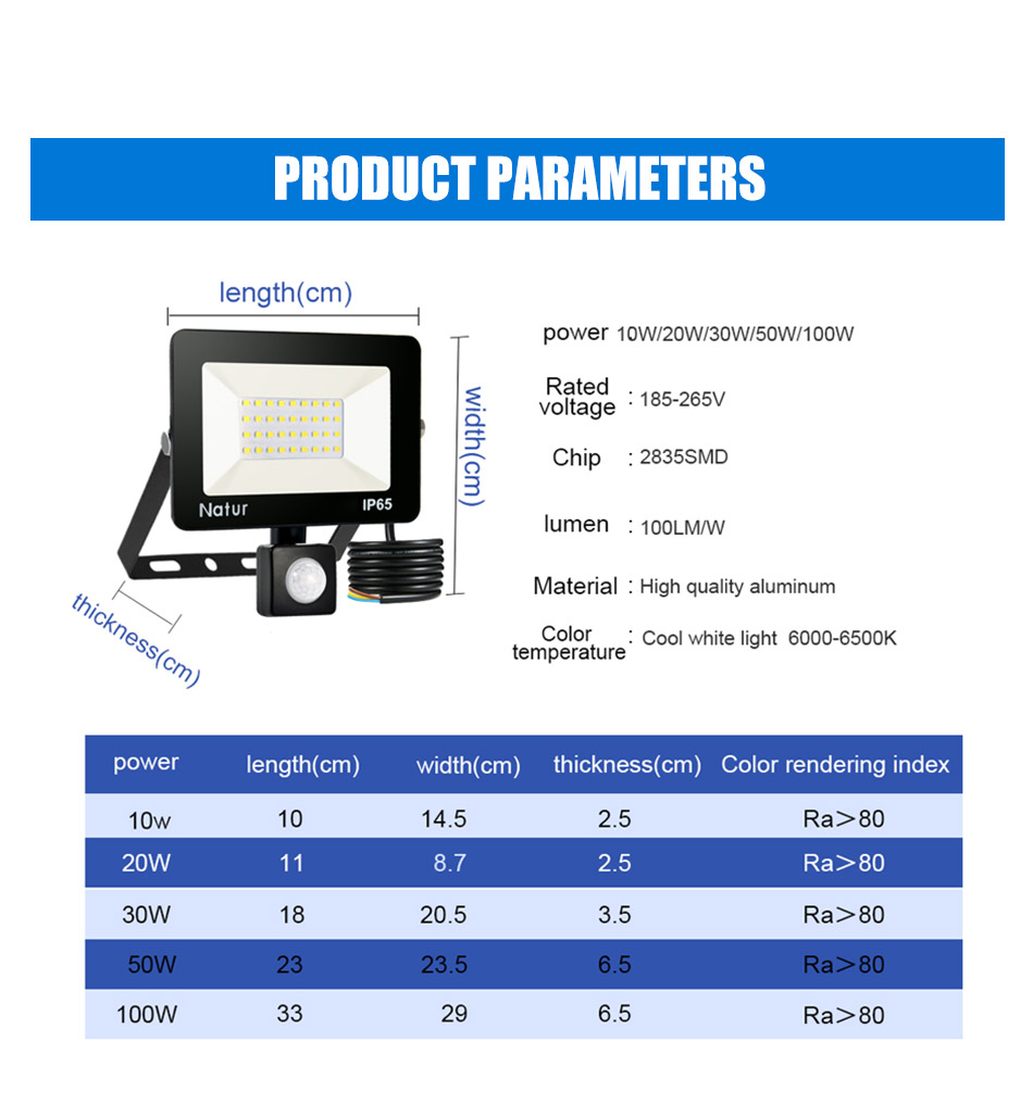 Pir Motion Sensor Floodlight Waterproof Led Flood Light 10W 20W 30W 50W 100W 150W 200W 300W500W Light Outdoor Ip66 Spotlight