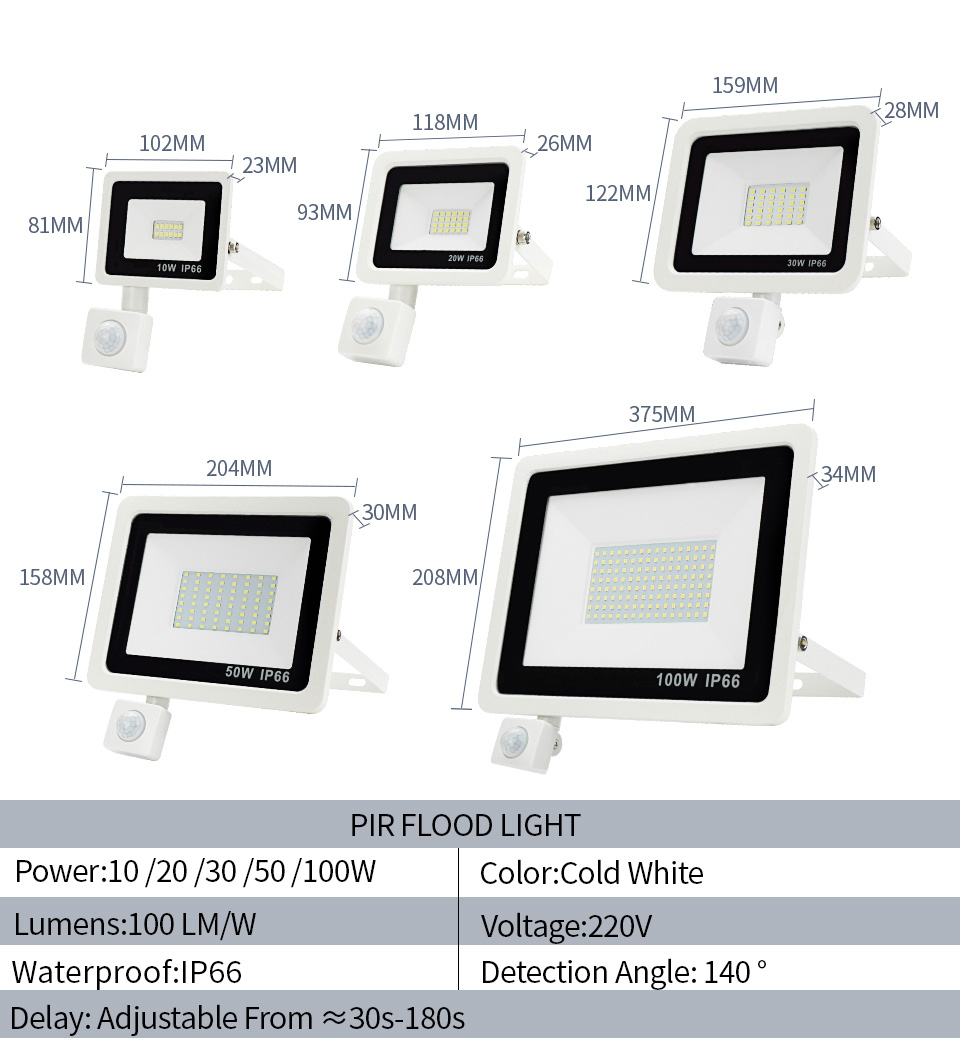 PIR Motion Sensor LED FloodLight 10W 20W 30W 50W 100W Waterproof IP66 Outdoor light 220V Led Spotlight for Garden Wall Reflector