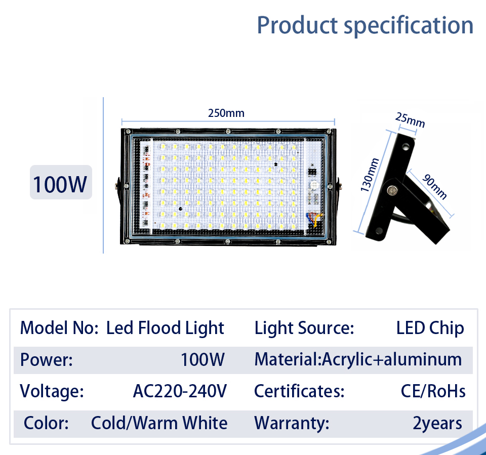 LED Flood Light 100W AC 220V-240V Floodlight streetIP65 Waterproof Outdoor Wall Reflector Lighting Garden Square Spotlightled