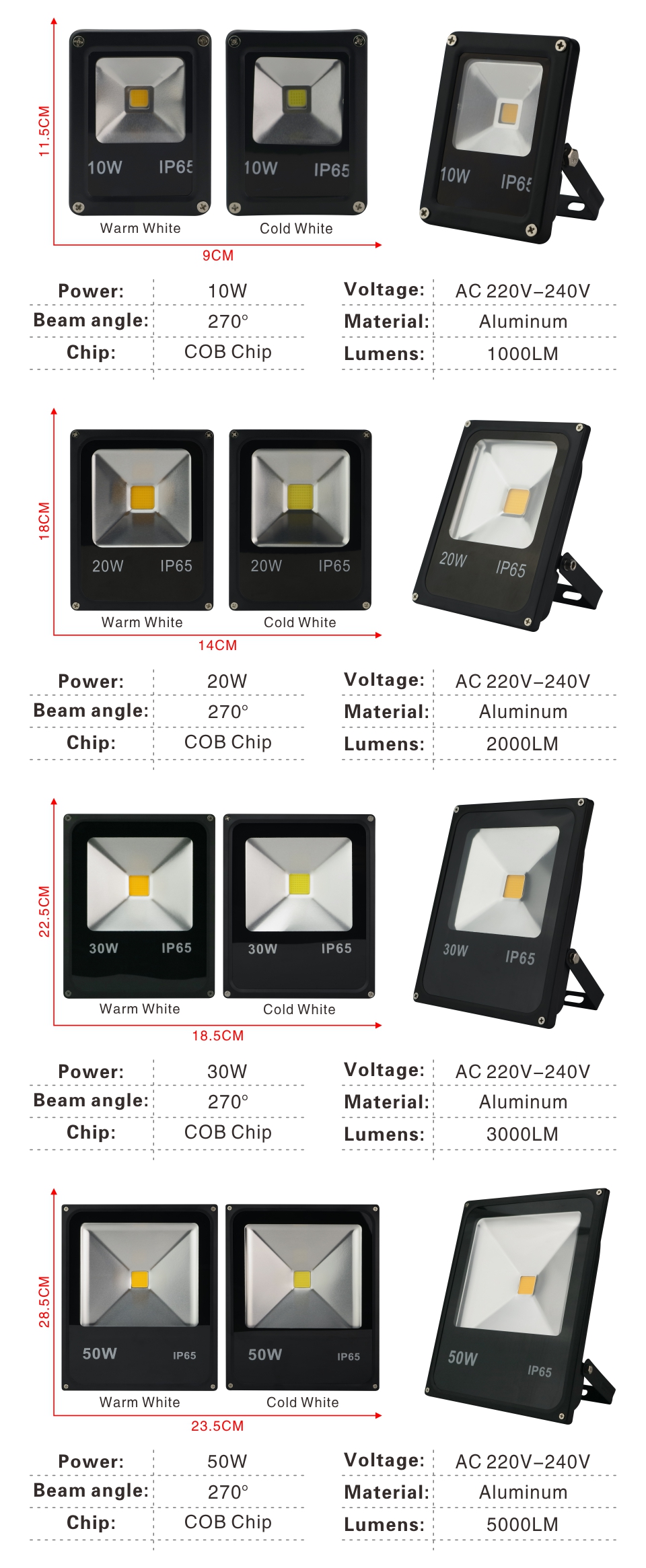 Led Flood Light Outdoor Spotlight Floodlight 10W 20W 30W 50W Wall Washer Lamp Reflector IP65 Waterproof Pir Motion Sensor Light