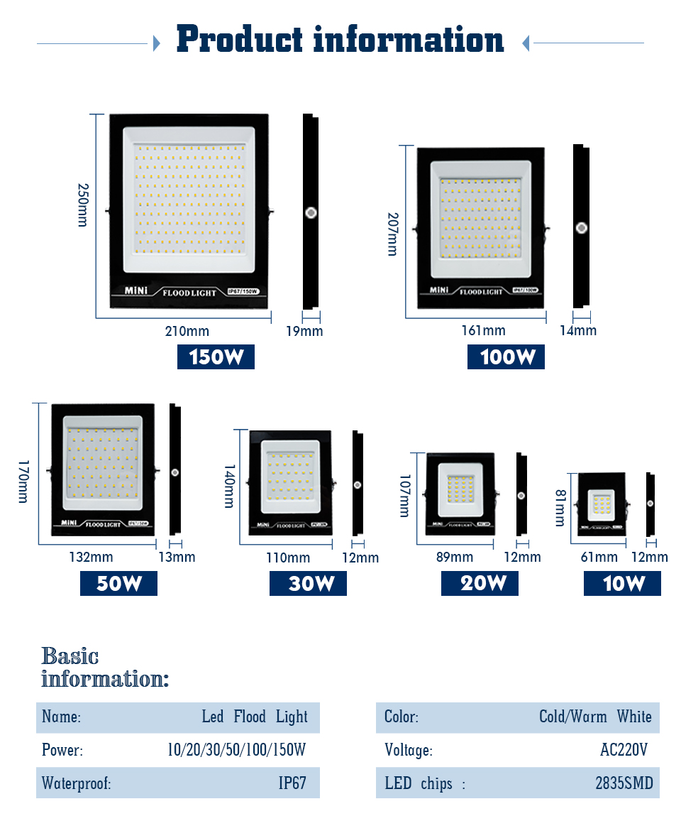 2pcs/lot Led Flood Light 10W 20W 30W 50W 100W 150W AC 220V Outdoor Floodlight IP67 Waterproof LED Street Lamp Landscape Lighting