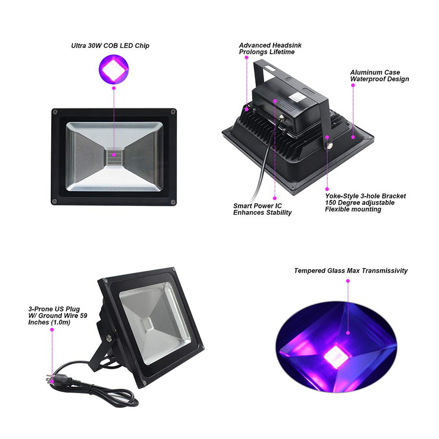 UV LED Black Light 10W 20W 30W Ultra Violet UV LED Floodlight IP65 Waterproof AC85V-265V LED Stage Lamp for Bar Halloween Party