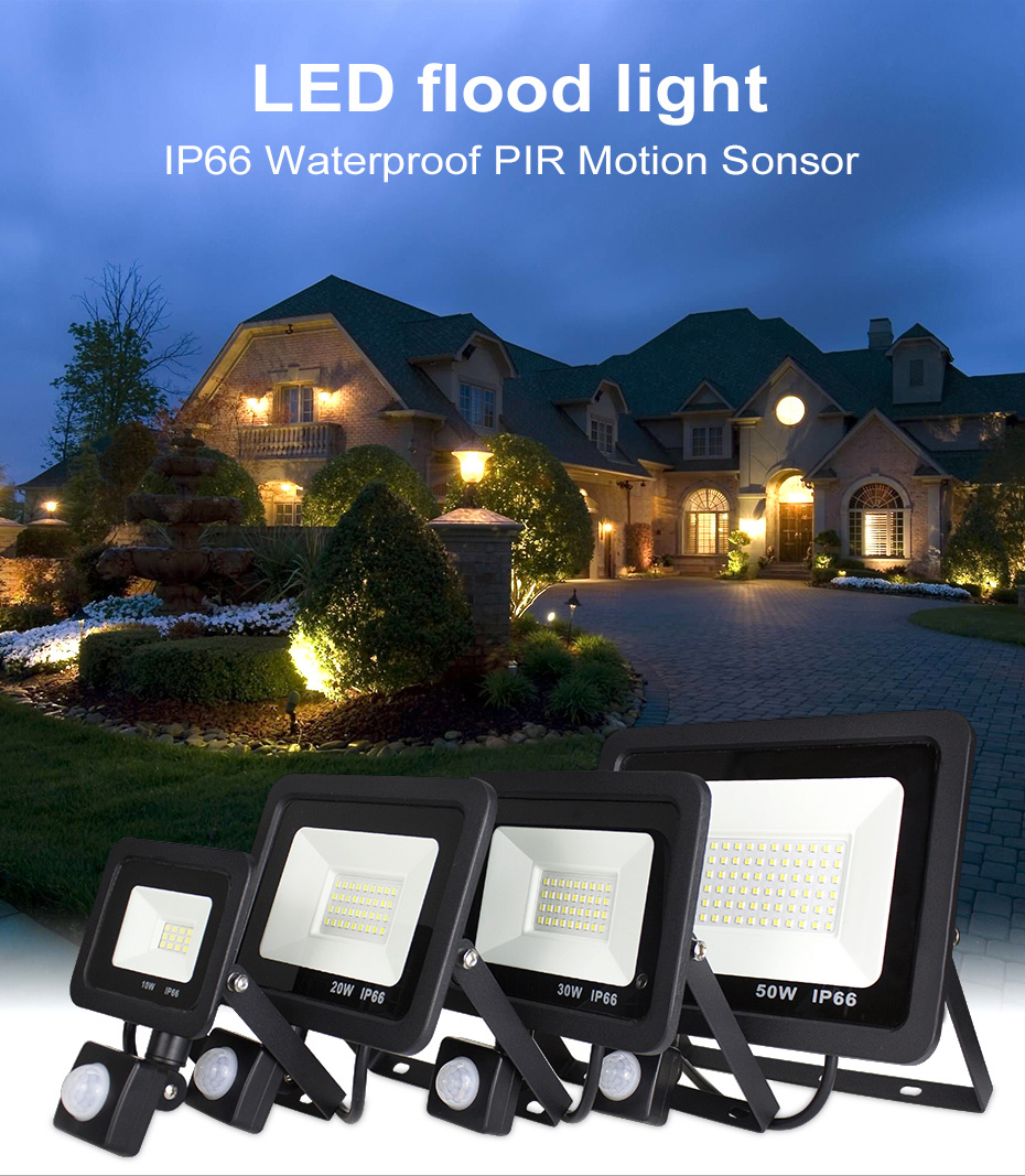 LED PIR Motion Sensor Adjustable Flood Light 10W 20W 30W 50W Waterproof IP66 220V Floodlight Garden Spotlight Outdoor Wall Lamp