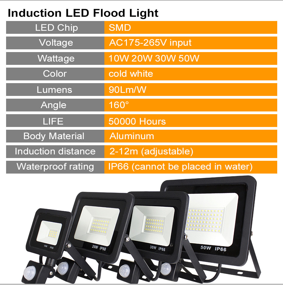 LED PIR Motion Sensor Adjustable Flood Light 10W 20W 30W 50W Waterproof IP66 220V Floodlight Garden Spotlight Outdoor Wall Lamp