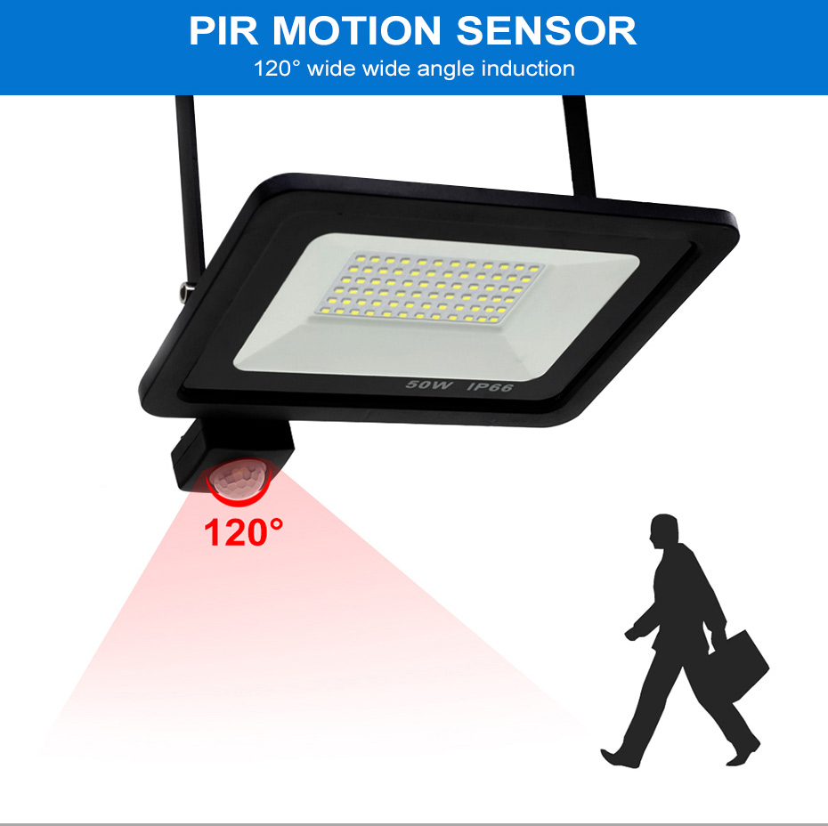 LED PIR Motion Sensor Adjustable Flood Light 10W 20W 30W 50W Waterproof IP66 220V Floodlight Garden Spotlight Outdoor Wall Lamp