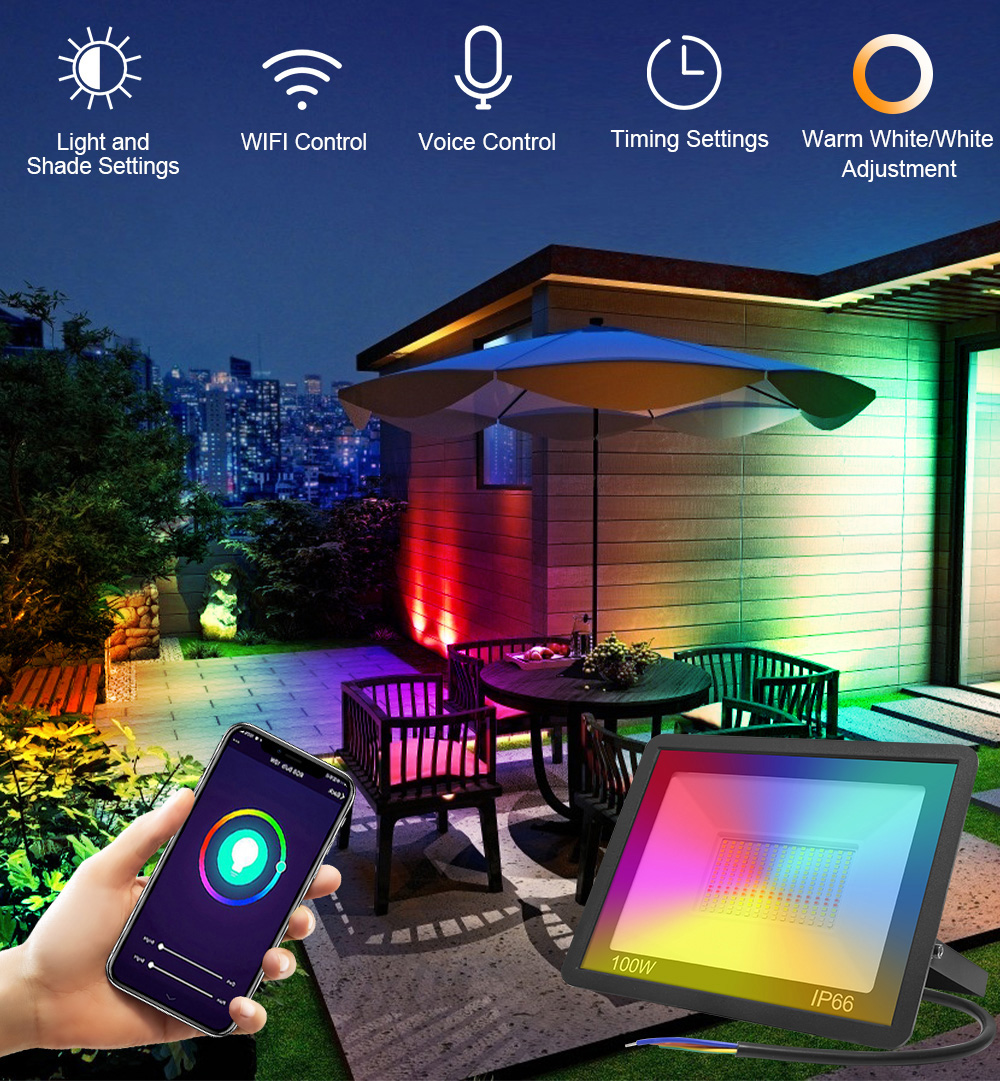 30W/50W/100W WiFi Tuya Smart Floodlight AC220V RGB+WW+CW 16 Million Colors 8 Scene modes Outdoor Waterproof Smart Spotlight