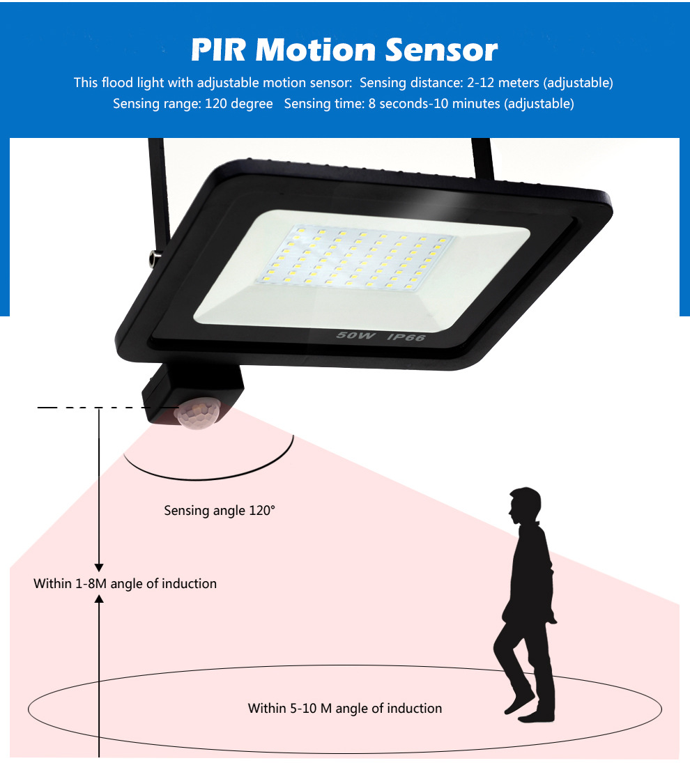 LED PIR Motion Sensor Adjustable Flood Light 10W 20W 30W 50W Waterproof IP66 220V Floodlight Garden Spotlight Outdoor Wall Lamp