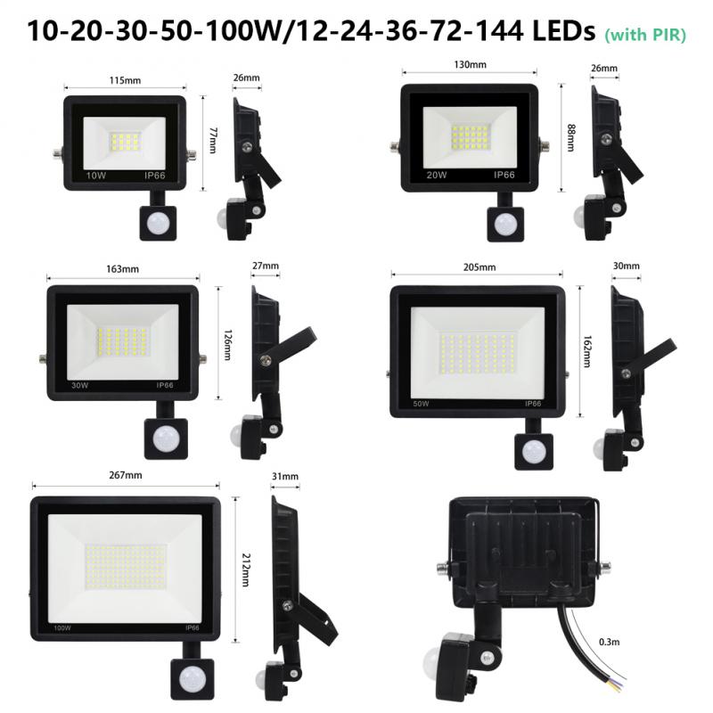 LED Floodlight PIR Motion Sensor 220V 10W 20W 30W 50W 100W Waterproof IP66 Outdoor Induction Lighting Garden Decoration