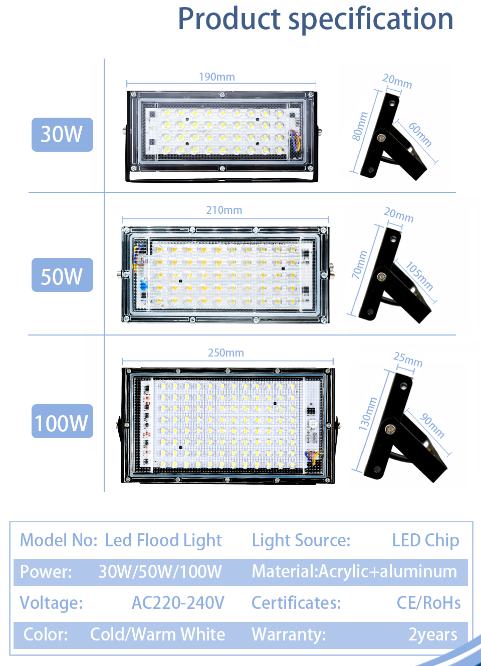 3pcs/lot Led Floodlight 30W 50W 100W 220V-240V Outdoor Flood light Spotlight LED Street Lamp Projector Exterior IP65 Waterproof