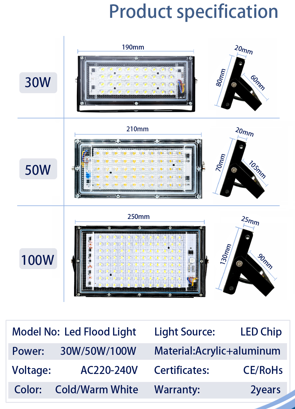 4pcs/Lot Led Floodlight 30W 50W 100W AC 220V Outdoor Flood Light Spotlight LED Street Lamp Projector Exterior IP65 Waterproof