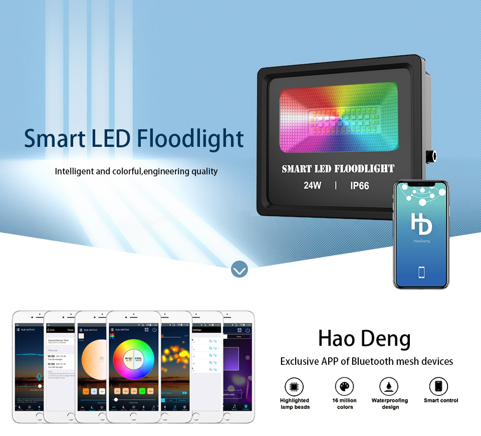 Smart LED Flood Light 24W Outdoor Color Changing IP66 Waterproof LED Stage Landscape RGB Lighting Bluetooth APP Smart Floodlight