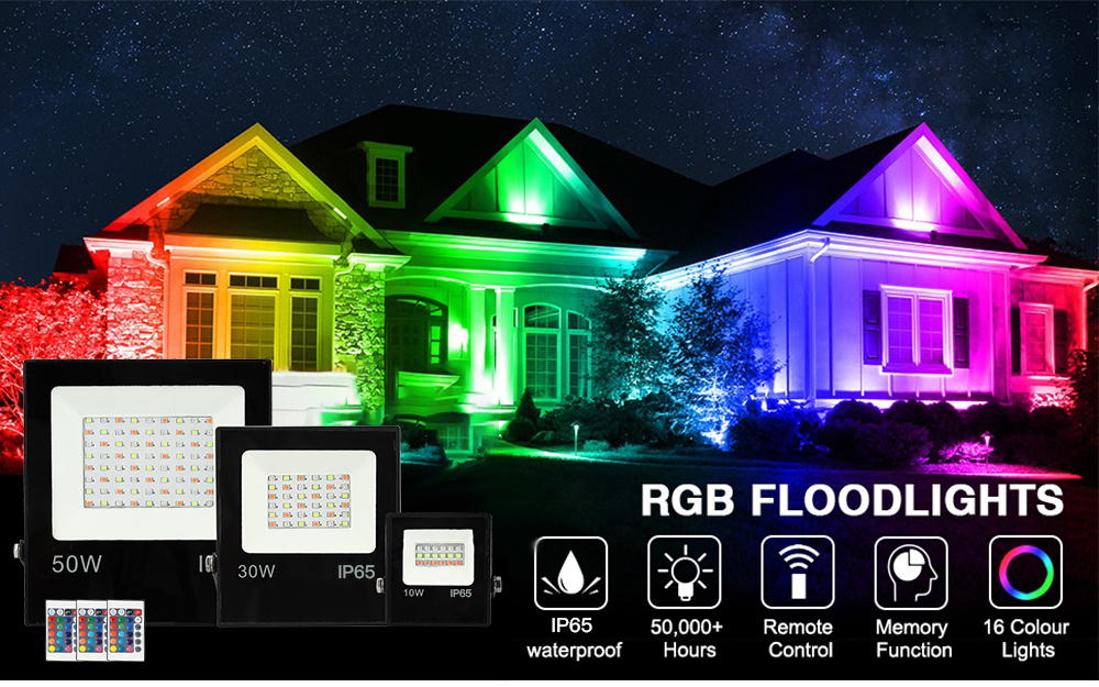 Led Spotlight Outdoor Waterproof RGB Flood Light 10W 30W 50W AC 220V Reflector Projector Lamp With 16 Colors Remote Controller