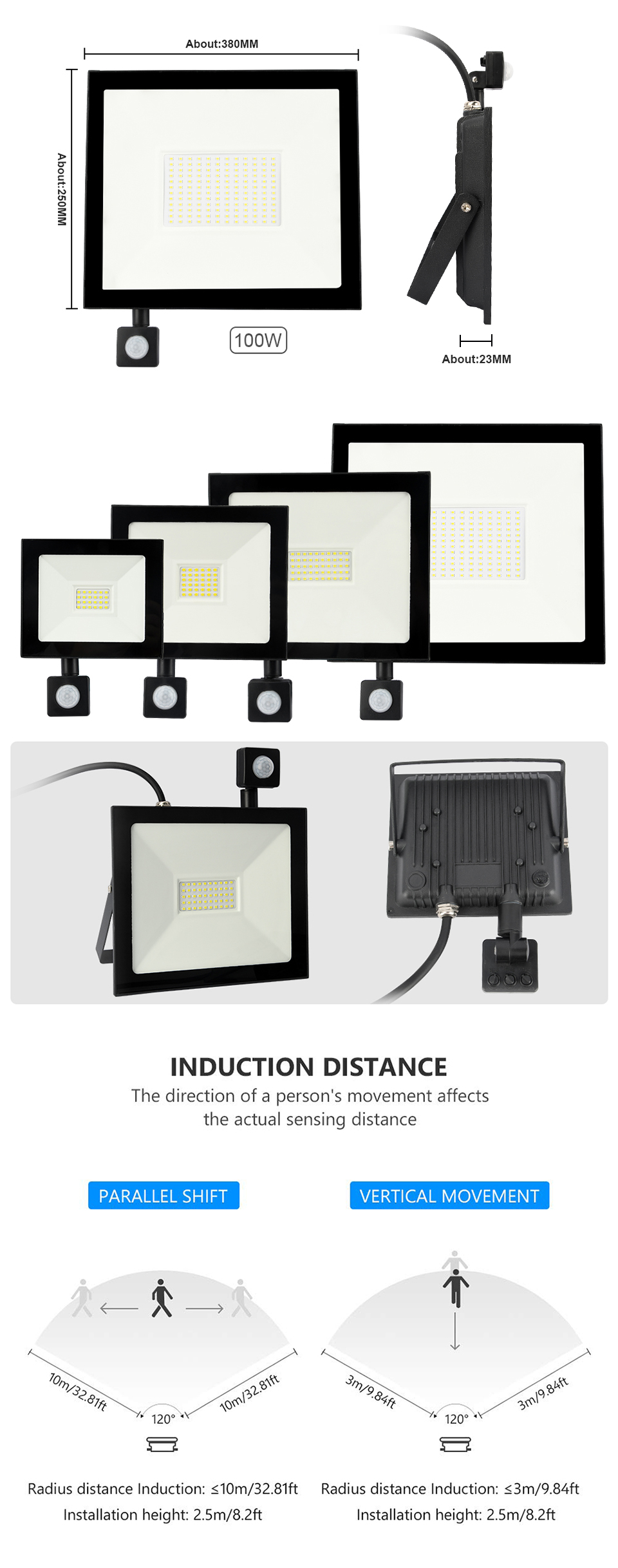 Led Flood Light 20W 30W 50W 100W AC220V PIR Motion Sensor Adjustable Wall Lamp Waterproof Outdoor Searching Lamp Spotlight