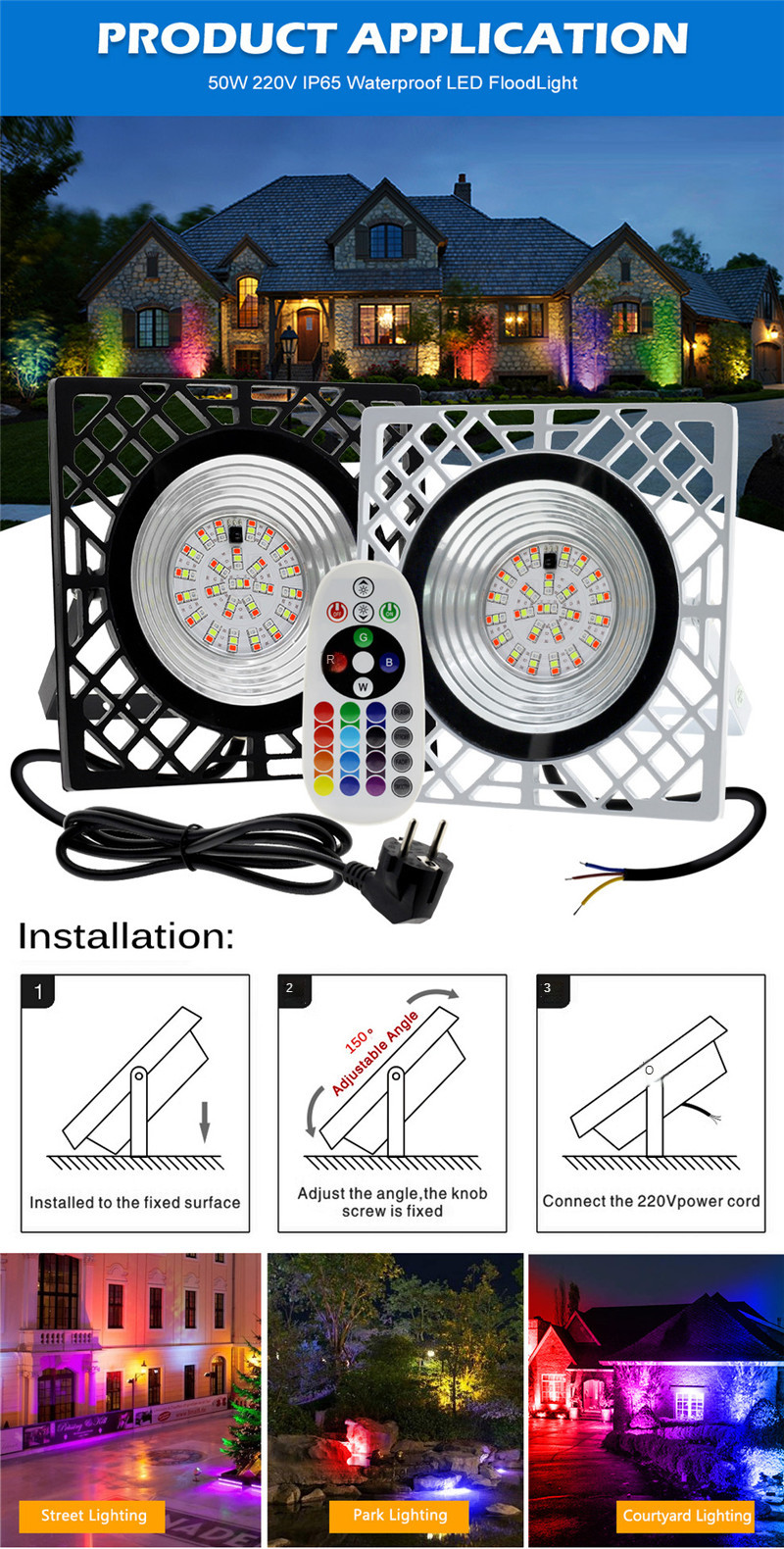 LED Projection Light Remote Control Colorful RGB Floodlight Outdoor Landscape Lighting Tree Lamp IP65 Waterproof 50W Garden Led