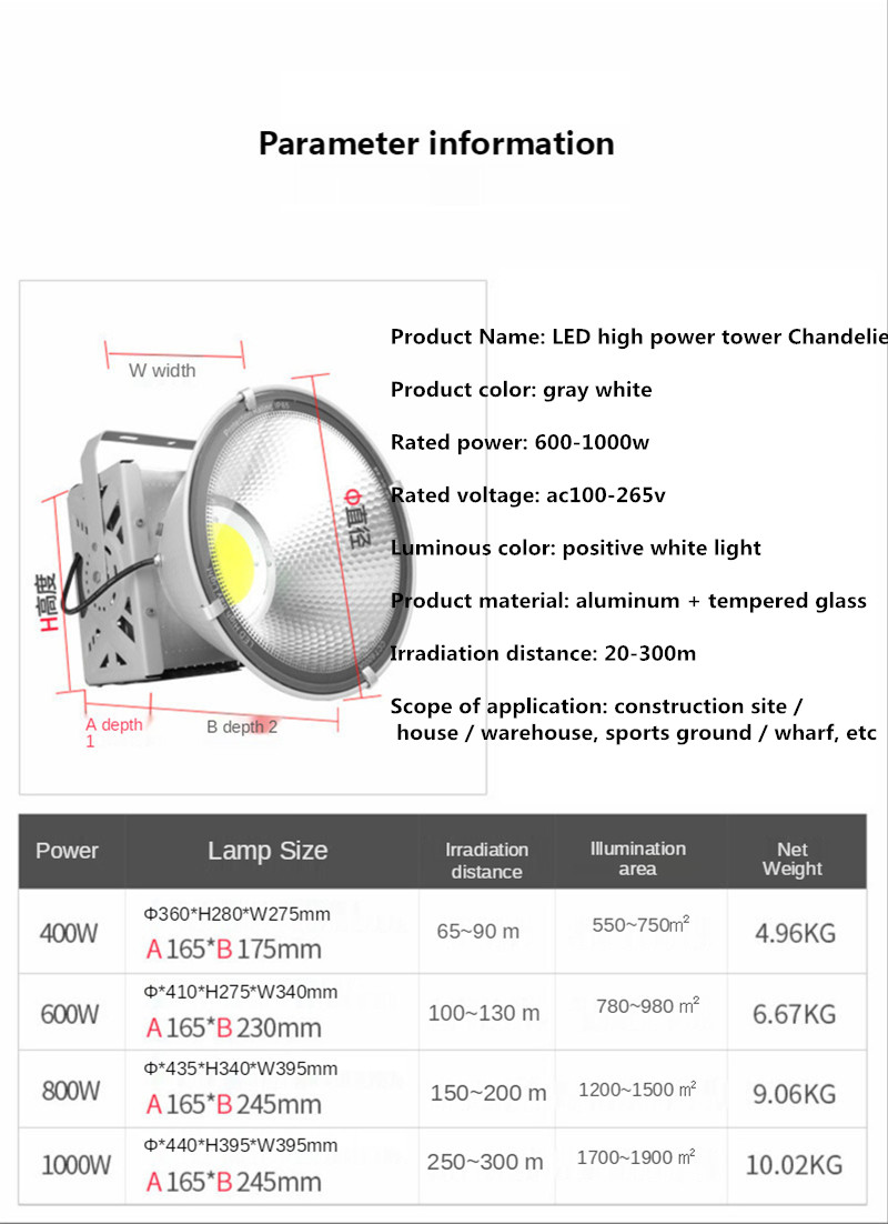 Outdoor Lighting Floodlight Led Spotlight Engineering Searchlight High-power High Bay Light Aluminum AC110-265V Lamp 800W 1000W