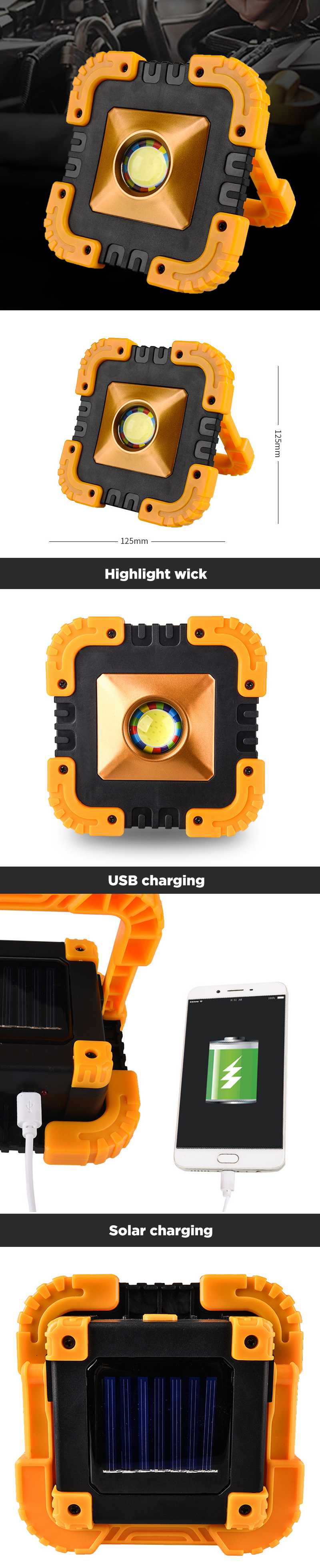 20W LED COB Solar Work Light Waterproof USB Rechargeable Floodlight Spotlight Outdoor Camping Emergency Lantern Torch Portable