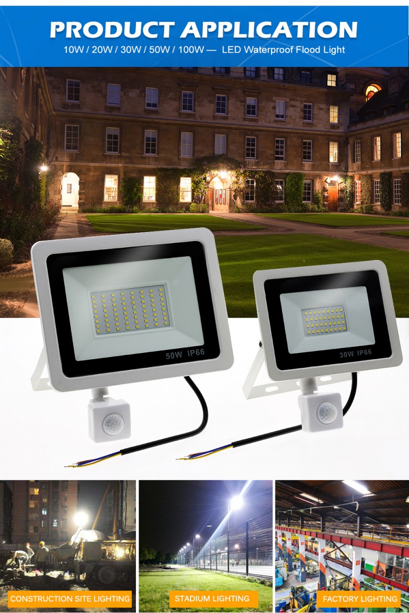 PIR Motion Sensor LED Floodlight 10W 20W 30W 50W 100W 220V Waterproof Outdoor Wall Garden LED Spotlight Reflector Foco Lamp