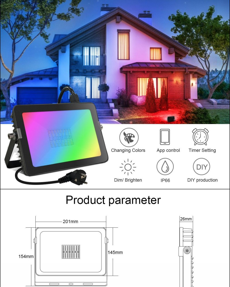 240V 220V 110V LED Floodlight 30W RGB Flood Light US/EU Plug LED Spotlight Outdoor Lighting Remote Controller IP66 Smart Lamp