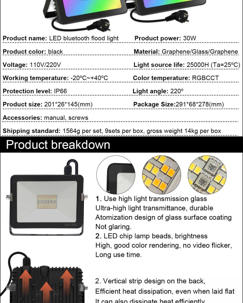 240V 220V 110V LED Floodlight 30W RGB Flood Light US/EU Plug LED Spotlight Outdoor Lighting Remote Controller IP66 Smart Lamp