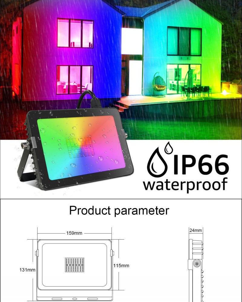 RGB LED Floodlight 20W Outdoor Smart Flood Light 110V 220V IP66 Bluetooth-compatible Color Changing Spotlight APP Group Control