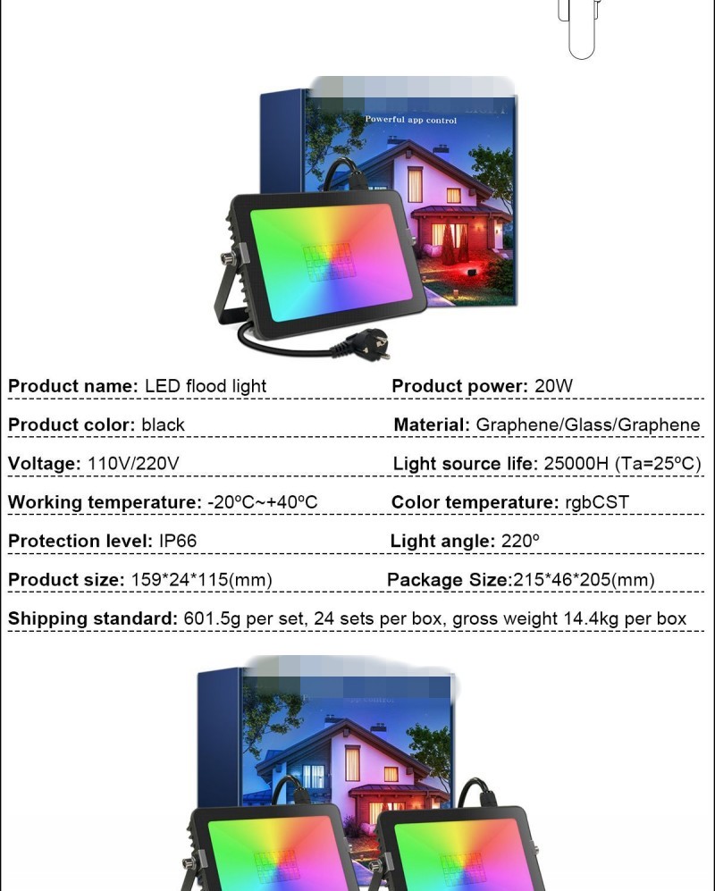 RGB LED Floodlight 20W Outdoor Smart Flood Light 110V 220V IP66 Bluetooth-compatible Color Changing Spotlight APP Group Control