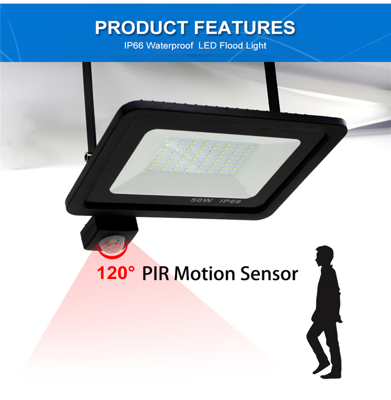 LED PIR Motion Sensor Adjustable Flood Light 50W 150W Waterproof IP65 110V 220V Floodlight Garden Spotlight Outdoor Wall Lamp