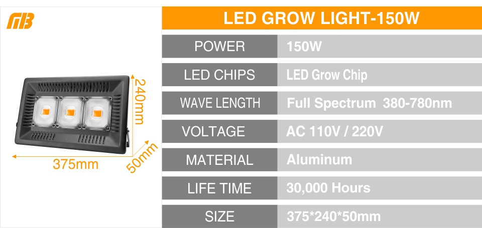 Full Spectrum Lamp LED Growing Light 50W 100W 150W AC 110V 220V High Power Outdoor Waterproof for Greenhouse Hydroponics Seeding