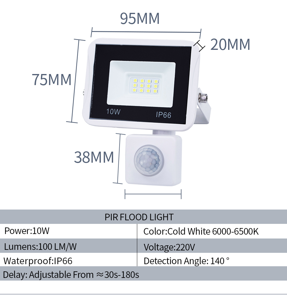 10W Cold White LED Floodlight 220V PIR Motion Sensor LED Spotlight Outdoor Wall Reflector Lighting Waterproof Garden Lamp