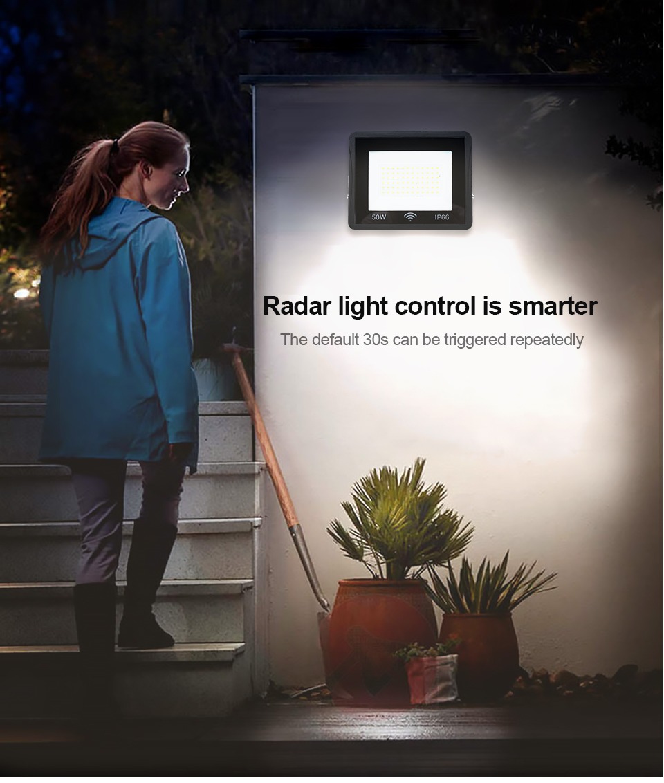 Radar LED Floodlight 100W 50W 30W 20W Waterproof Outdoor Lighting Auto Time Delay Sensor Wall Lamp For Garden Projector Spotligh