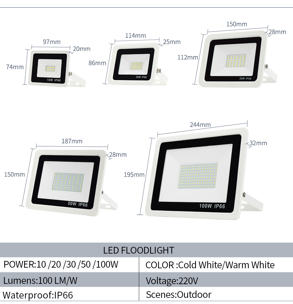 Outdoor LED Floodlight AC220V Cold Warm White 10W 20W 30W 40W 50W IP66 Waterproof Spotlight Wall Lamp Square Hightway Lighting