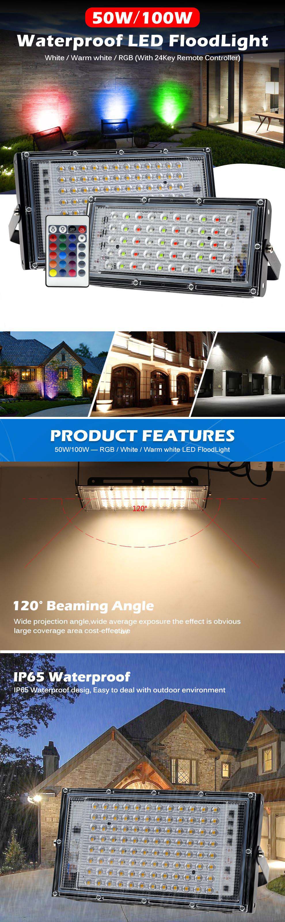 Led Flood Light RGB 220V 230V Outdoor Floodlight Spotlight IP65 Waterproof 100W For Lawn Street Garden Gate Wall Landscape Lamp