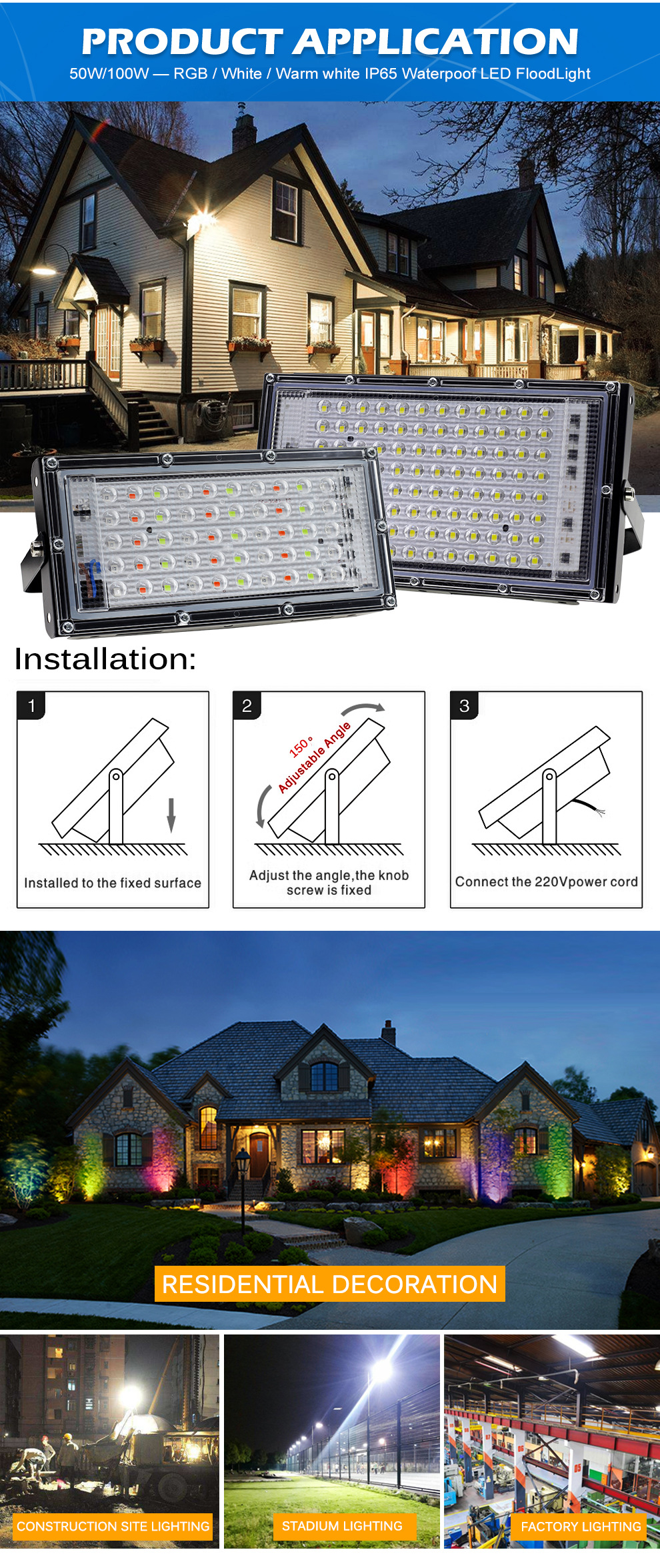 Led Flood Light RGB 220V 230V Outdoor Floodlight Spotlight IP65 Waterproof 100W For Lawn Street Garden Gate Wall Landscape Lamp