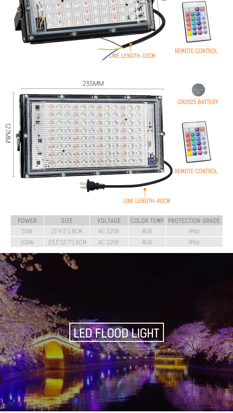 RGB flood light with remote control 50W LED black shell color flood light 220V outdoor flood light