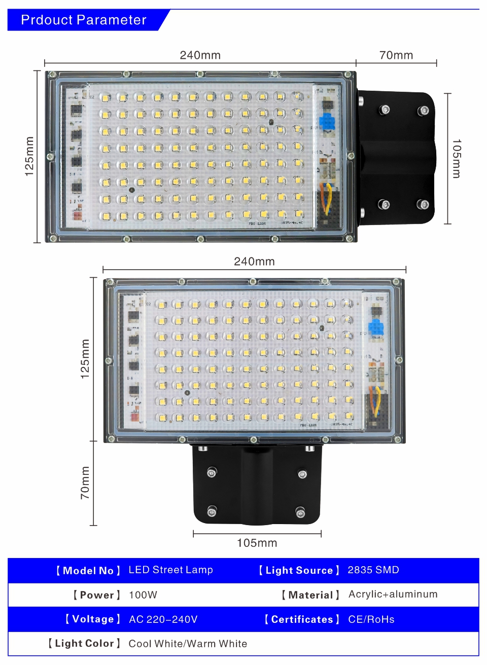 Floodlight Spotlight 100W LED Street Light AC 220V OutdoorIP65 Waterproof Wall Light Garden Road Street Pathway Spot Light