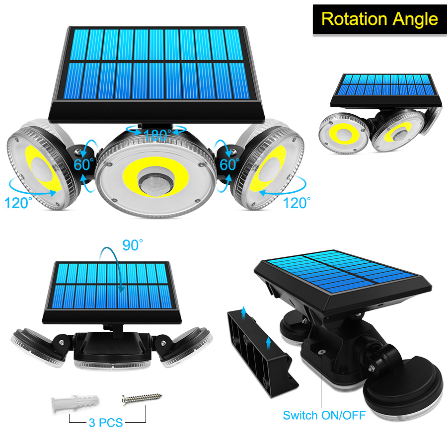 3 Heads Solar Lamp Waterproof Solar Flood Light 270°Adjustable Lighting For Garden Garage Yard Wall Solar Motion Lights Outdoor