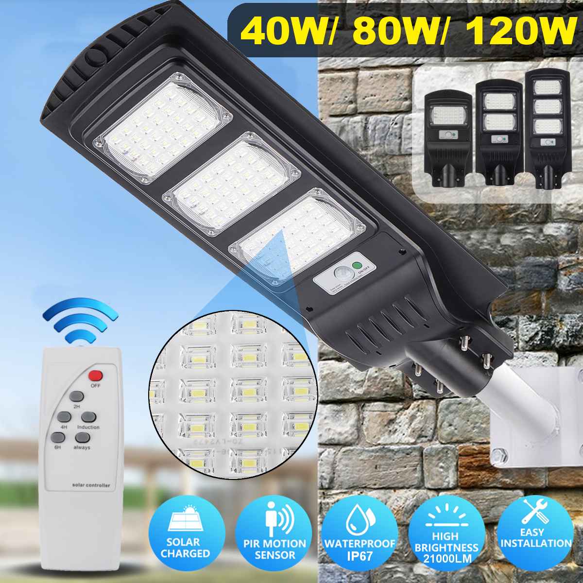 Solar Street Light PIR Sensor Light Control for Garden Yard Road Wall Lamps 120W 21000 Lumen 90 LED Outdoor Security Lighting