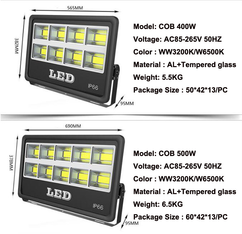 2PCS 50W 100W 150W 200W 300W 400W 500W AC85-265V Waterproof LED Flood Light Spotlight Outdoor Lighting Exterieur COB Floodlight