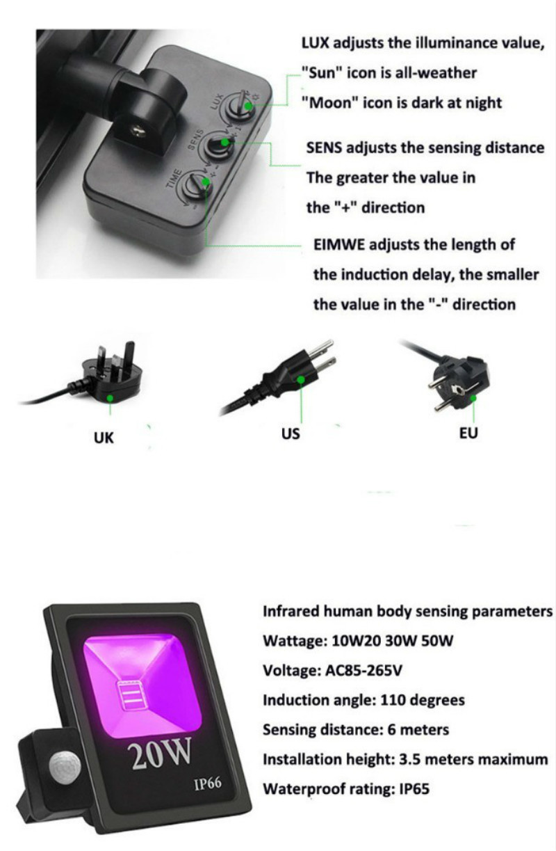 4pc 10W 20W 30W 50W UV LED Floodlight Wiht PIR Infrated Body Sensor IP66 Ultra-Violet Flood Lamp Stage Light For Halloween Party