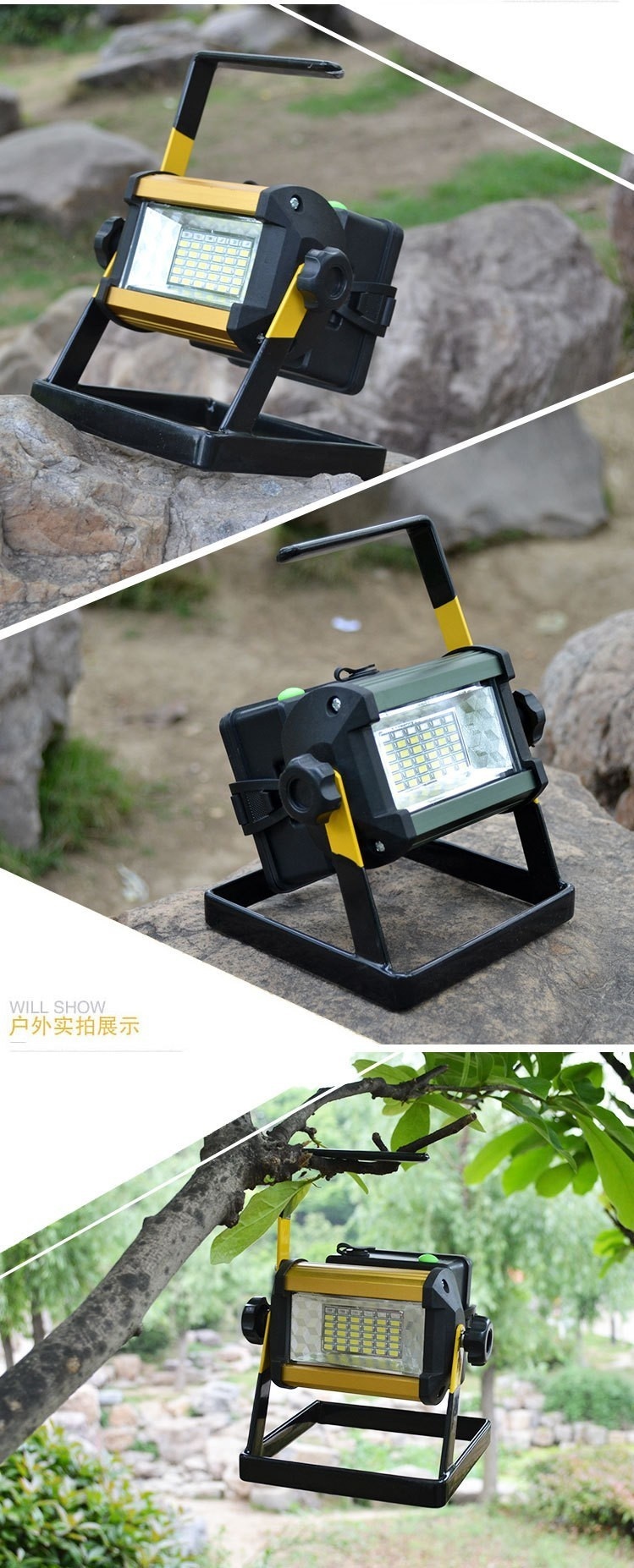 3Pcs Waterproof IP65 50W LED Floodlight Rechargeable 36LED Flood Light SpotLights Light For Outdoor +4*18650 battery + Charger