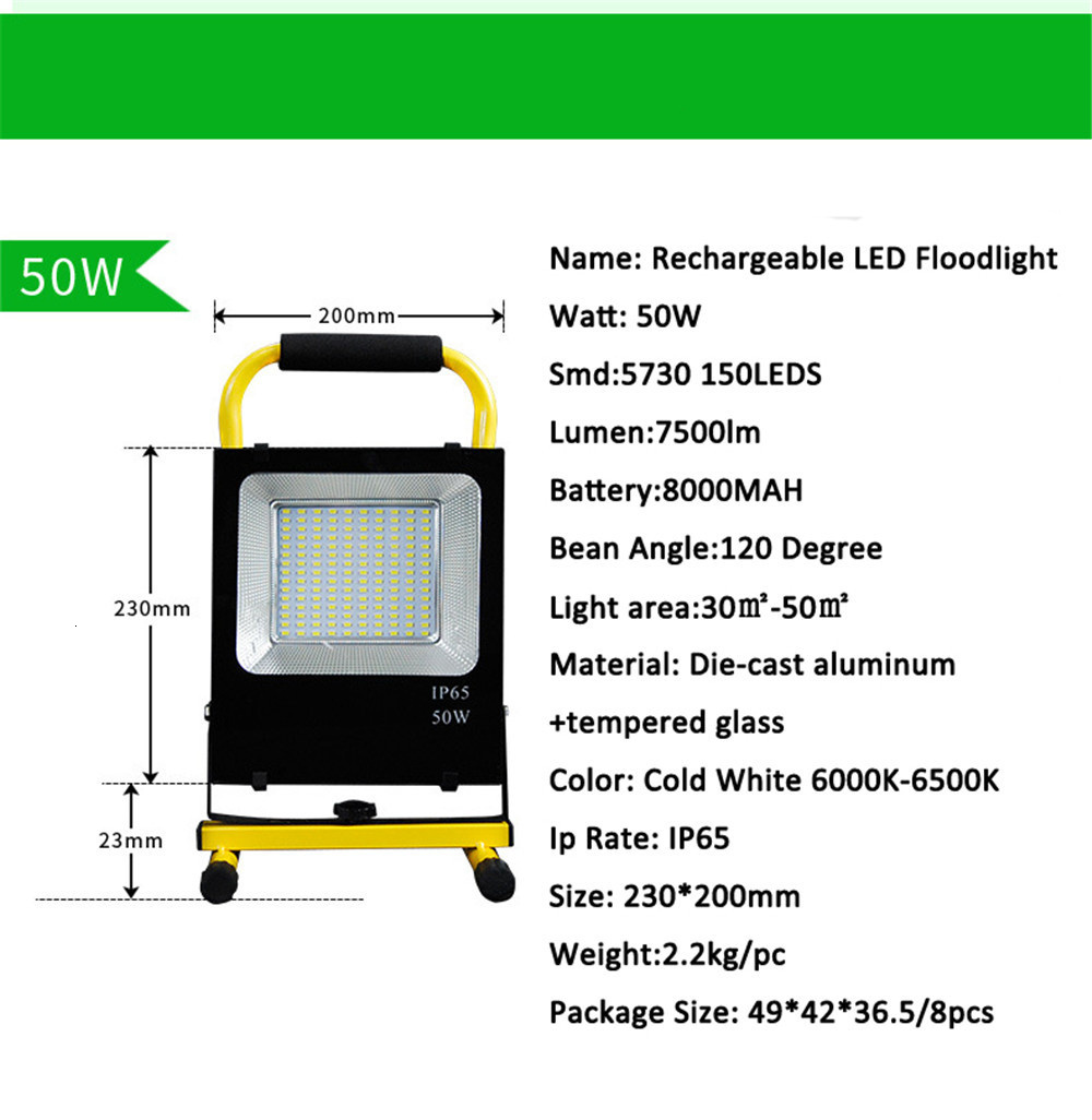 8PCS 50W 100W 150W LED Floodlight SMD 5730 High Power Portable Spotlight Outdoor Rechargeable Light Power + Charger