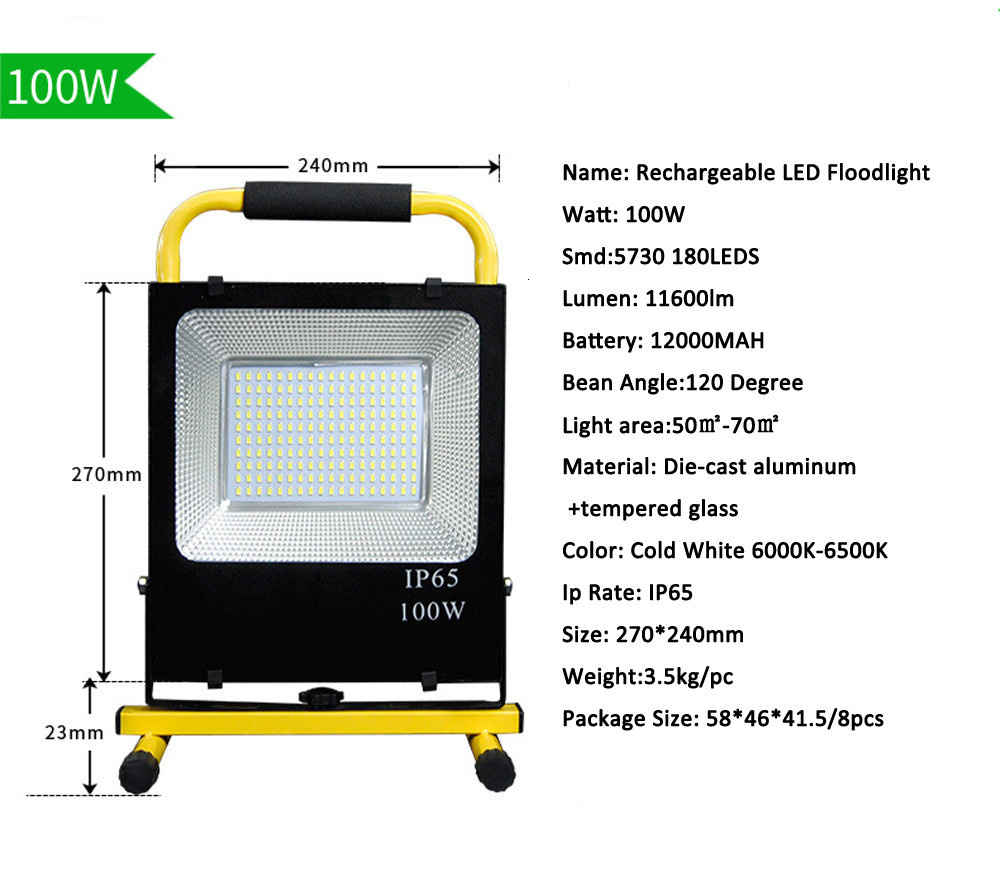 8PCS 50W 100W 150W LED Floodlight SMD 5730 High Power Portable Spotlight Outdoor Rechargeable Light Power + Charger